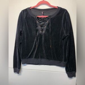 Betsy Johnson Y2K Velour Lace Up SweatShirt Cropped Black Granola Soft and Luxe